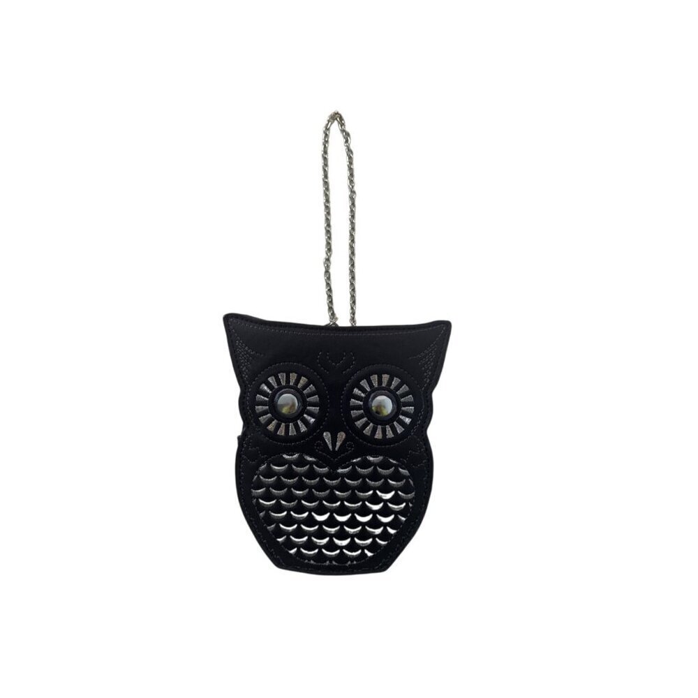 BCBG Max Azria Black Owl Wristlet Purse With Chain Strap & Zipper Closure